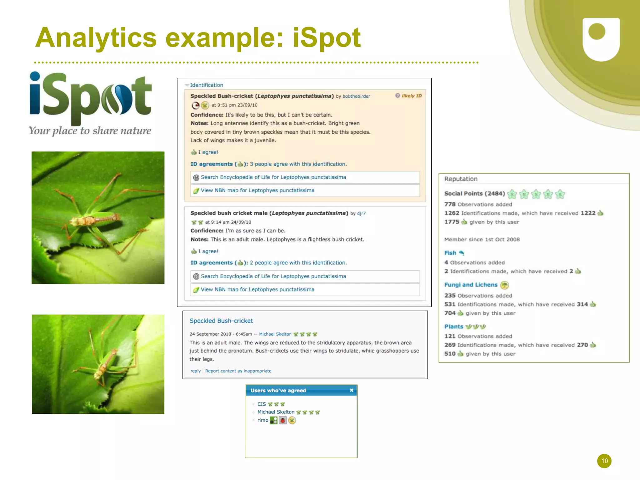 Analytics example: iSpot
Heading
10
 