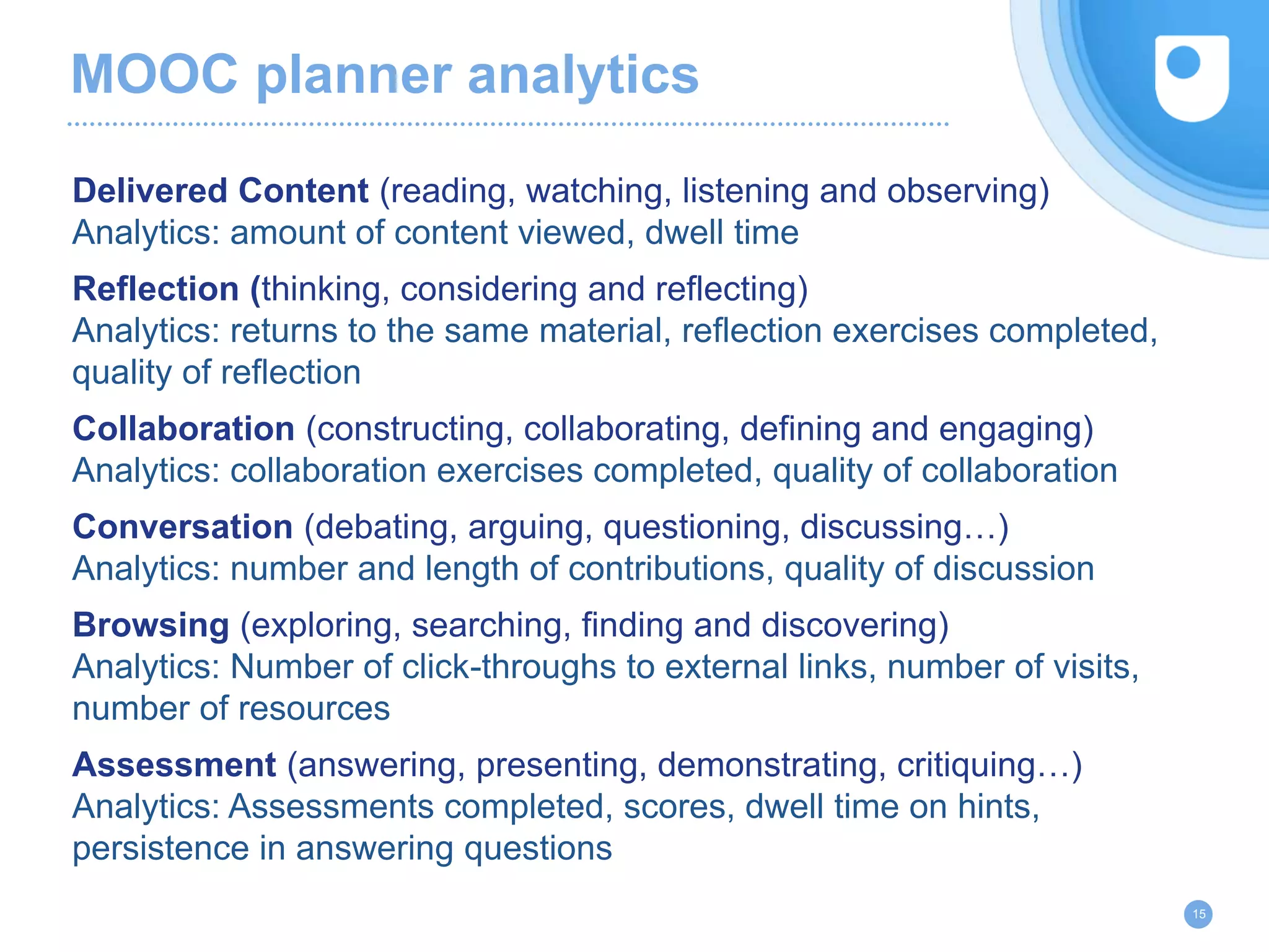 MOOC planner analytics
Delivered Content (reading, watching, listening and observing)
Analytics: amount of content viewed, dwell time
Reflection (thinking, considering and reflecting)
Analytics: returns to the same material, reflection exercises completed,
quality of reflection
Collaboration (constructing, collaborating, defining and engaging)
Analytics: collaboration exercises completed, quality of collaboration
Conversation (debating, arguing, questioning, discussing…)
Analytics: number and length of contributions, quality of discussion
Browsing (exploring, searching, finding and discovering)
Analytics: Number of click-throughs to external links, number of visits,
number of resources
Assessment (answering, presenting, demonstrating, critiquing…)
Analytics: Assessments completed, scores, dwell time on hints,
persistence in answering questions
15
 