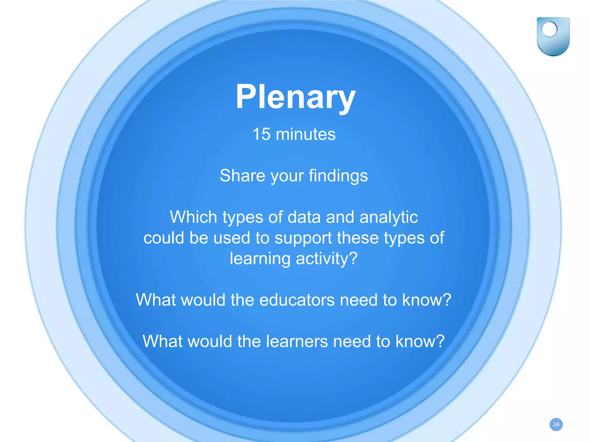 Plenary
15 minutes
Share your findings
Which types of data and analytic
could be used to support these types of
learning activity?
What would the educators need to know?
What would the learners need to know?
24
 