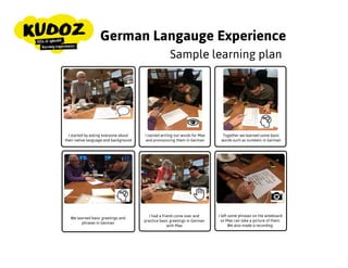 I started writing and
pronouncing words in German
Together we learned basic
numbers in German
I had a friend come over and
practice basic greetings in
German with Max
I left some phrases on the
witeboard so Max can take a
photo of them. We also made
a recording.
We learned basic greetings
and phrases in German
Sample learning plan
German Langauge Experience
I started by asking everyone
about their native language
and background
 