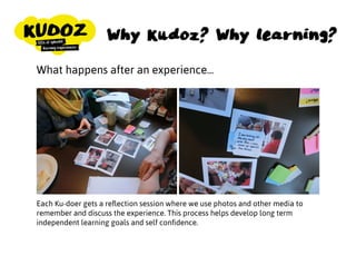 Why Kudoz? Why learning?
What happens after an experience...
Each Ku-doer gets a reﬂection session where we use photos and other media to
remember and discuss the experience. This process helps develop long term
independent learning goals and self conﬁdence.
 