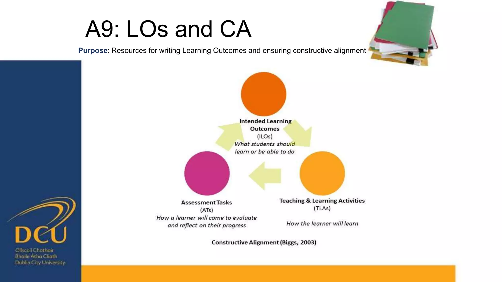 A9: LOs and CA
Purpose: Resources for writing Learning Outcomes and ensuring constructive alignment
 