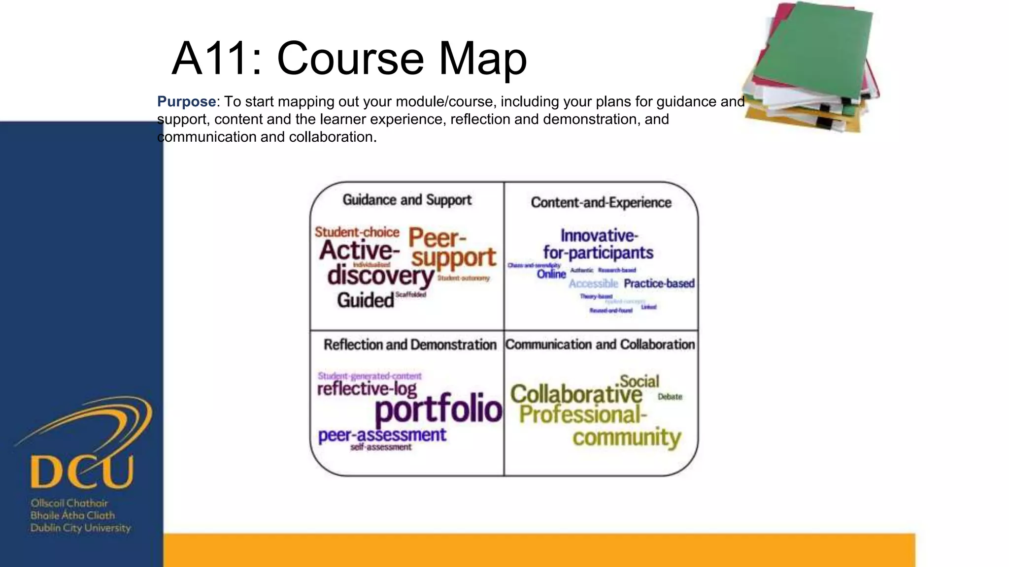 A11: Course Map
Purpose: To start mapping out your module/course, including your plans for guidance and
support, content and the learner experience, reflection and demonstration, and
communication and collaboration.
 