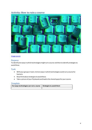 4
Activity: How to ruin a course
Image source
Purpose
To identify tenwaysinwhichtechnologiesmightruinacourse andthento identifystrategiesto
avoidthese.
Task
 Withyour groupor team,list tenswaysinwhichtechnologiescould ruinacourse for
learners.
 Nowthinkaboutstrategiestoavoidthese.
 Take a picture of your flipboardsandloadto the sharedspace for your course.
Template
Ten ways technologiescan ruina course Strategiesto avoid them
 