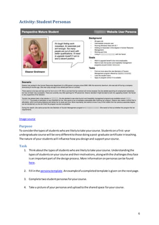 6
Activity: Student Personas
Image source
Purpose
To considerthe typesof studentswhoare likelytotake yourcourse.Studentsona first-year
undergraduate course will be verydifferenttothose doingapost-graduate certificate inteaching.
The nature of your studentswill influence how youdesignand supportyourcourse.
Task
1. Thinkaboutthe typesof studentswhoare likelytotake yourcourse.Understandingthe
typesof studentsonyour course andtheirmotivations,alongwiththe challengestheyface
isan importantpart of the designprocess.More informationonpersonascanbe found
here.
2. Fill inthe personatemplate.Anexampleof acompletedtemplate isgiven onthe nextpage.
3. Complete twostudentpersonasforyourcourse.
4. Take a picture of your personasanduploadtothe sharedspace foryour course.
 