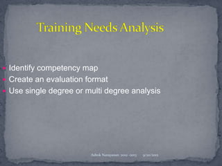  Identify competency map
 Create an evaluation format
 Use single degree or multi degree analysis




                        Ashok Narayanan :2012 -2013   9/20/2012
 
