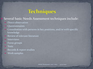  Several basic Needs Assessment techniques include:
   Direct observation
   Questionnaires
   Consultation with persons in key positions, and/or with specific
      knowledge
     Review of relevant literature
     Interviews
     Focus groups
     Tests
     Records & report studies
     Work samples



                                  Ashok Narayanan :2012 -2013   9/20/2012
 
