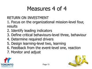 Measures 4 of 4
RETURN ON INVESTMENT
1. Focus on the organizational mission-level four,
results
2. Identify leading indicators
3. Define critical behaviours-level three, behaviour
4. Determine required drivers
5. Design learning-level two, learning
6. Feedback from the event-level one, reaction
7. Monitor and adjust


                       Page 13
 