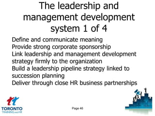 The leadership and
    management development
         system 1 of 4
Define and communicate meaning
Provide strong corporate sponsorship
Link leadership and management development
strategy firmly to the organization
Build a leadership pipeline strategy linked to
succession planning
Deliver through close HR business partnerships



                      Page 46
 