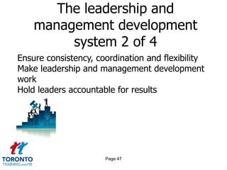 The leadership and
    management development
         system 2 of 4
Ensure consistency, coordination and flexibility
Make leadership and management development
work
Hold leaders accountable for results




                      Page 47
 