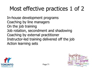 Most effective practices 1 of 2
In-house development programs
Coaching by line managers
On the job training
Job rotation, secondment and shadowing
Coaching by external practitioner
Instructor-led training delivered off the job
Action learning sets




                       Page 71
 
