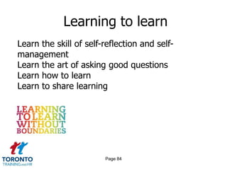 Learning to learn
Learn the skill of self-reflection and self-
management
Learn the art of asking good questions
Learn how to learn
Learn to share learning




                        Page 84
 