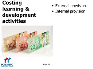 Costing
learning &
development
activities
• External provision
• Internal provision
Page 18
 