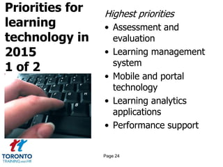 Priorities for
learning
technology in
2015
1 of 2
Highest priorities
• Assessment and
evaluation
• Learning management
system
• Mobile and portal
technology
• Learning analytics
applications
• Performance support
Page 24
 