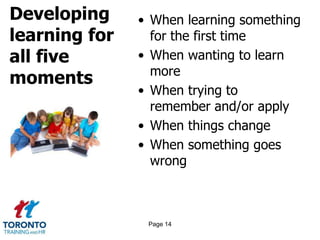 Developing
learning for
all five
moments
• When learning something
for the first time
• When wanting to learn
more
• When trying to
remember and/or apply
• When things change
• When something goes
wrong
Page 14
 