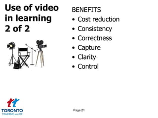 Use of video
in learning
2 of 2
BENEFITS
• Cost reduction
• Consistency
• Correctness
• Capture
• Clarity
• Control
Page 21
 