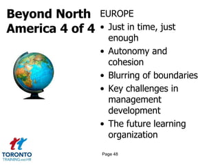 Beyond North
America 4 of 4
EUROPE
• Just in time, just
enough
• Autonomy and
cohesion
• Blurring of boundaries
• Key challenges in
management
development
• The future learning
organization
Page 48
 