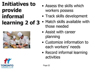 Initiatives to
provide
informal
learning 2 of 3
• Assess the skills which
workers possess
• Track skills development
• Match skills available with
those needed
• Assist with career
planning
• Customize information to
each workers’ needs
• Record informal learning
activities
Page 22
 