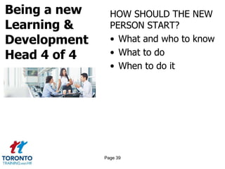 Being a new
Learning &
Development
Head 4 of 4
HOW SHOULD THE NEW
PERSON START?
• What and who to know
• What to do
• When to do it
Page 39
 