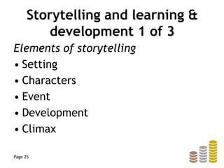 Storytelling and learning &
development 1 of 3
Elements of storytelling
• Setting
• Characters
• Event
• Development
• Climax
Page 25
 
