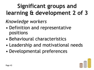Significant groups and
learning & development 2 of 3
Knowledge workers
• Definition and representative
positions
• Behavioural characteristics
• Leadership and motivational needs
• Developmental preferences
Page 43
 
