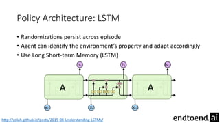 Policy Architecture: LSTM
• Randomizations persist across episode
• Agent can identify the environment’s property and adapt accordingly
• Use Long Short-term Memory (LSTM)
http://colah.github.io/posts/2015-08-Understanding-LSTMs/
 