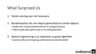 What Surprised Us
1. Tactile sensing was not necessary
2. Randomization for one object generalized to similar objects
• System for a block worked well for an octagonal prism
• Had trouble with sphere due to its rolling behavior
3. System engineering is as important as good algorithm
• System without timing bug performed consistently better
 