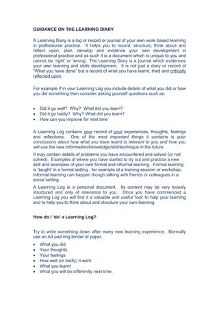 GUIDANCE ON THE LEARNING DIARY

A Learning Diary is a log or record or journal of your own work based learning
in professional practice. It helps you to record, structure, think about and
reflect upon, plan, develop and evidence your own development in
professional practice and as such it is a document which is unique to you and
cannot be ‘right’ or ‘wrong’. The Learning Diary is a journal which evidences
your own learning and skills development. It is not just a diary or record of
“What you have done” but a record of what you have learnt, tried and critically
reflected upon.

For example if in your Learning Log you include details of what you did or how
you did something then consider asking yourself questions such as:


•   Did it go well? Why? What did you learn?
•   Did it go badly? Why? What did you learn?
•   How can you improve for next time

A Learning Log contains your record of your experiences, thoughts, feelings
and reflections. One of the most important things it contains is your
conclusions about how what you have learnt is relevant to you and how you
will use the new information/knowledge/skill/technique in the future.
It may contain details of problems you have encountered and solved (or not
solved). Examples of where you have started to try out and practice a new
skill and examples of your own formal and informal learning. Formal learning
is ‘taught’ in a formal setting - for example at a training session or workshop.
Informal learning can happen though talking with friends or colleagues in a
social setting.
A Learning Log is a personal document. Its content may be very loosely
structured and only of relevance to you. Once you have commenced a
Learning Log you will find it a valuable and useful 'tool' to help your learning
and to help you to think about and structure your own learning.


How do I ‘do’ a Learning Log?


Try to write something down after every new learning experience. Normally
use an A4 pad ring binder of paper.
•   What you did
•   Your thoughts
•   Your feelings
•   How well (or badly) it went
•   What you learnt
•   What you will do differently next time.
 