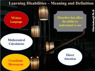 Learning Disabilities – Meaning and Definition
@GovindarajSPh.D
Disorders that affect
the ability to
understand or use
Written
Language
Mathematical
Calculations
Coordinate
Movements
Direct
Attention
 