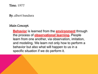 Time: 1977 
By: albert bandura 
Main Concept: 
Behavior is learned from the environment through 
the process of observational learning. People 
learn from one another, via observation, imitation, 
and modeling. We learn not only how to perform a 
behavior but also what will happen to us in a 
specific situation if we do perform it. 
 