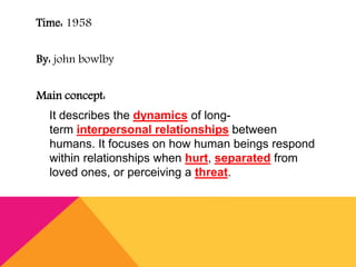 Time: 1958 
By: john bowlby 
Main concept: 
It describes the dynamics of long-term 
interpersonal relationships between 
humans. It focuses on how human beings respond 
within relationships when hurt, separated from 
loved ones, or perceiving a threat. 
