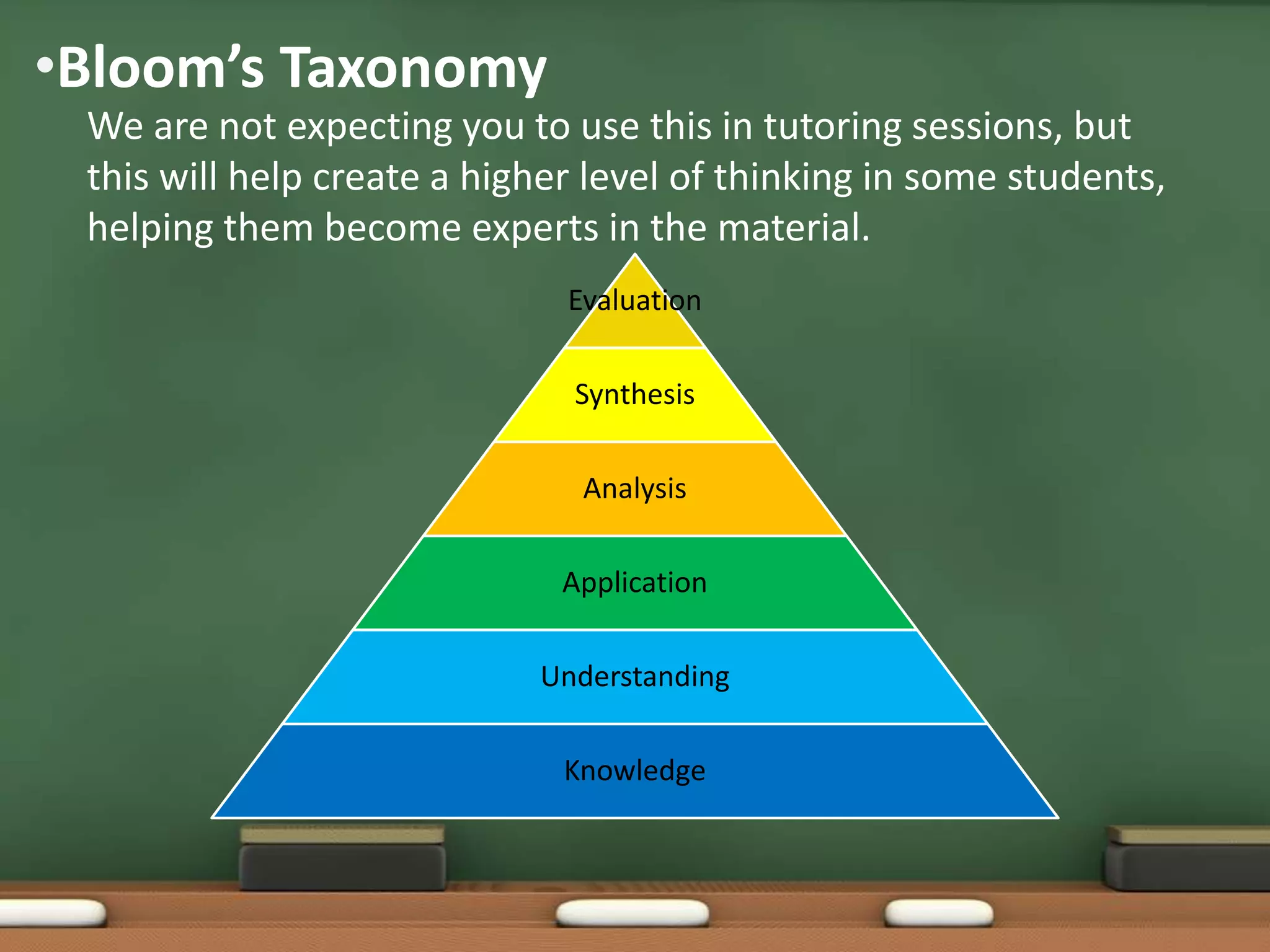 •Bloom’s Taxonomy
We are not expecting you to use this in tutoring sessions, but
this will help create a higher level of thinking in some students,
helping them become experts in the material.
Evaluation
Synthesis
Analysis
Application
Understanding
Knowledge

 
