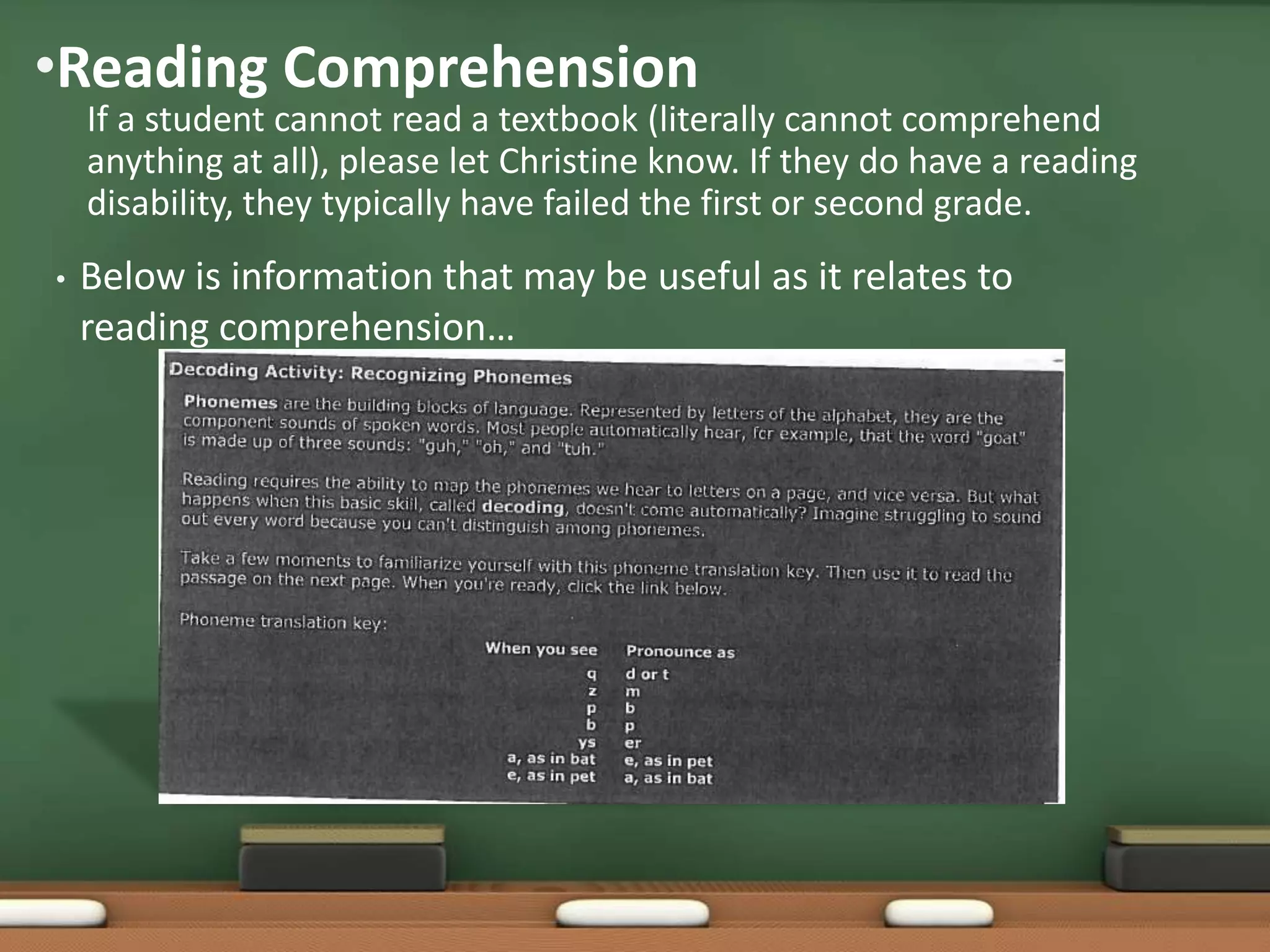 •Reading Comprehension

If a student cannot read a textbook (literally cannot comprehend
anything at all), please let Christine know. If they do have a reading
disability, they typically have failed the first or second grade.

•

Below is information that may be useful as it relates to
reading comprehension…

 
