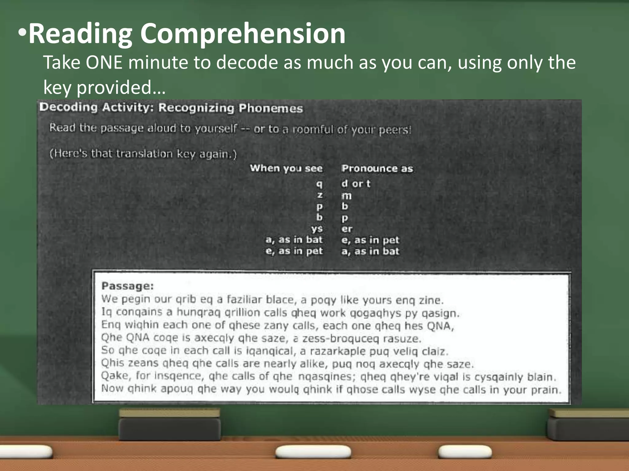 •Reading Comprehension
Take ONE minute to decode as much as you can, using only the
key provided…

 