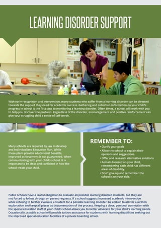LEARNINGDISORDERSUPPORT
Many schools are required by law to develop
and Individualized Education Plan. While
these plans provide educational benefits,
improved achievement is not guaranteed. When
communicating with your child’s school, it is
important to be clear and confident in how the
school treats your child.
REMEMBER TO:
	 • Clarify your goals
	 • Allow the school to explain their 		 	
	 opinions and suggestions.
	 • Offer and research alternative solutions
	 • Remain focused on your child, 			
	 remembering each child has different 	 	
	 areas of disability.
	 • Don’t give up and remember the 		 	
	 school is on your side.
With early recognition and intervention, many students who suffer from a learning disorder can be directed
towards the support they need for academic success. Gathering and collection information on your child’s
progress in school is the first step to monitoring a learning disorder. Often times, a school will work with you
to help you discover the problem. Regardless of the disorder, encouragement and positive reinforcement can
give your struggling child a sense of self-worth.
Public schools have a lawful obligation to evaluate all possible learning disabled students, but they are
not forced to follow through on parent requests. If a school suggests increased academic intervention
while refusing to further evaluate a student for a possible learning disorder, be certain to ask for a written
explanation and keep all pieces as documentation of the process. Keeping a close, personal connection with
the special education staff of your child’s school allows you to better advocate for your child’s learning needs.
Occasionally, a public school will provide tuition assistance for students with learning disabilities seeking out
the improved special education facilities of a private boarding school.
 