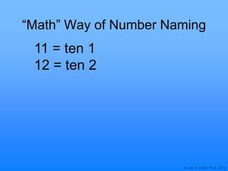 © Joan A. Cotter, Ph.D., 2013
“Math” Way of Number Naming
11 = ten 1
12 = ten 2
 