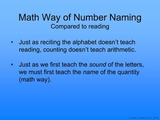 © Joan A. Cotter, Ph.D., 2013
Math Way of Number Naming
• Just as reciting the alphabet doesn‟t teach
reading, counting doesn‟t teach arithmetic.
• Just as we first teach the sound of the letters,
we must first teach the name of the quantity
(math way).
Compared to reading
 