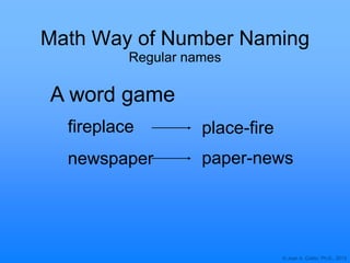 © Joan A. Cotter, Ph.D., 2013
Math Way of Number Naming
Regular names
A word game
fireplace place-fire
paper-newsnewspaper
 