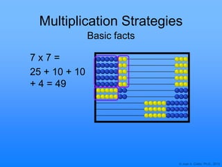 © Joan A. Cotter, Ph.D., 2013
Multiplication Strategies
Basic facts
7 x 7 =
25 + 10 + 10
+ 4 = 49
 