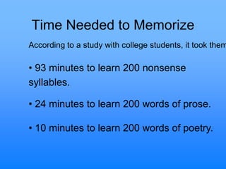 Time Needed to Memorize
• 93 minutes to learn 200 nonsense
syllables.
• 24 minutes to learn 200 words of prose.
• 10 minutes to learn 200 words of poetry.
According to a study with college students, it took them
 