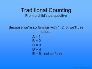 © Joan A. Cotter, Ph.D., 2013
Traditional Counting
From a child's perspective
Because we're so familiar with 1, 2, 3, we‟ll use
letters.
A = 1
B = 2
C = 3
D = 4
E = 5, and so forth
 
