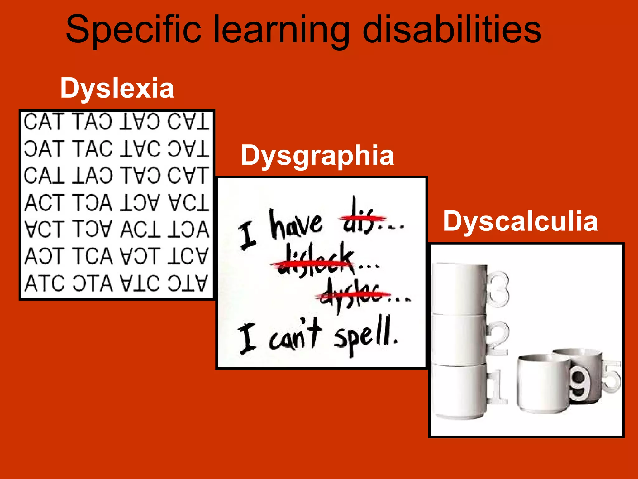 Specific learning disabilities Dyslexia Dysgraphia Dyscalculia 