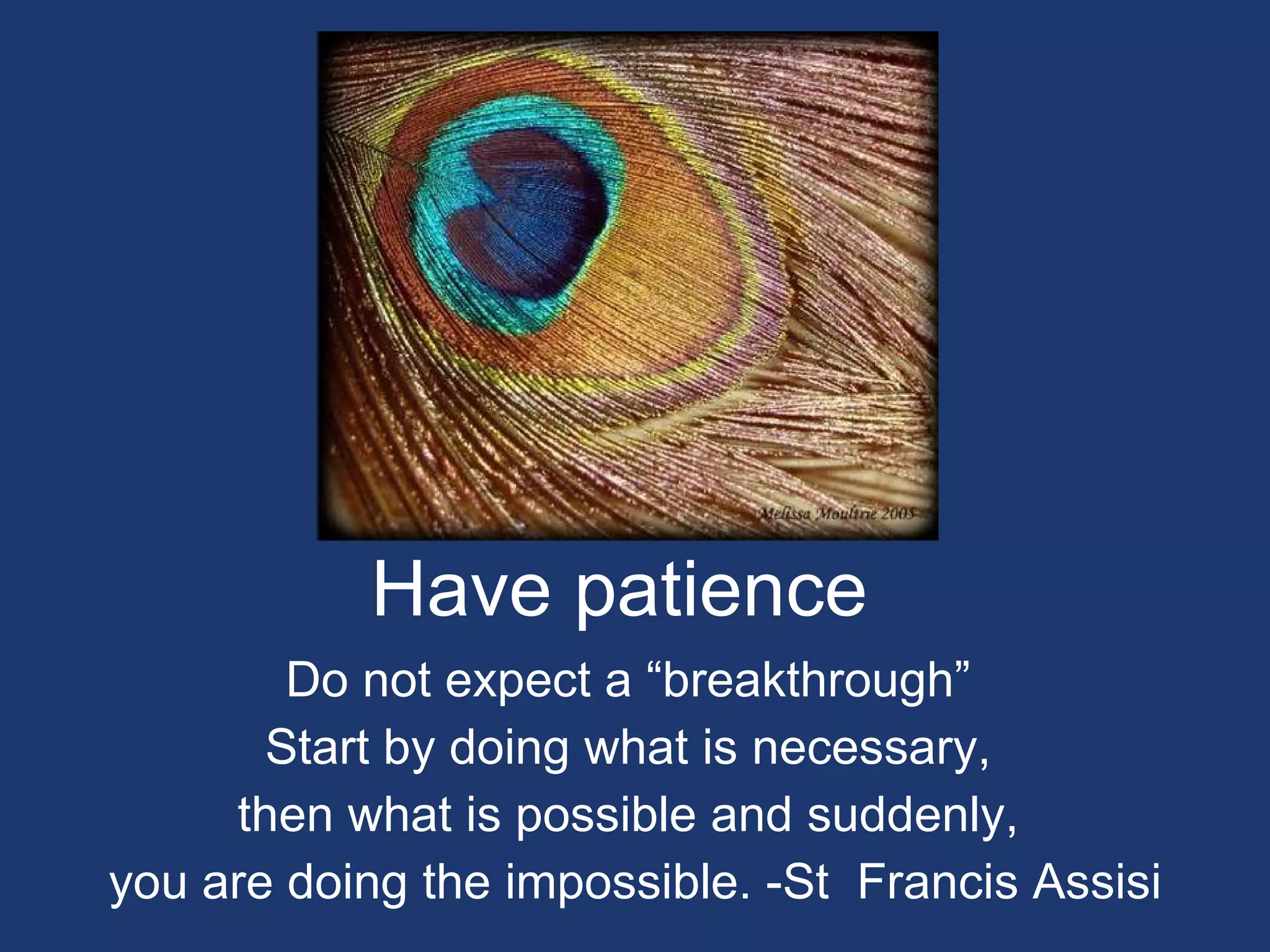 Have patience Do not expect a “breakthrough”  Start by doing what is necessary,  then what is possible and suddenly,  you are doing the impossible. -St  Francis Assisi 