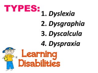 TYPES: 1. Dyslexia
2. Dysgraphia
3. Dyscalcula
4. Dyspraxia

 