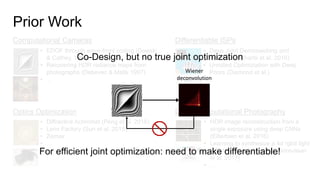 Prior Work
Computational Cameras
Optics Optimization
Differentiable ISPs
Deep Computational Photography
• Deep Joint Demosaicking and
Denoising (Gharbi et al. 2016)
• Unrolled Optimiziation with Deep
Priors (Diamond et al.)
• …
• EDOF through wave-front coding (Dowski
& Cathey, 1995)
• Recovering HDR radiance maps from
photographs (Debevec & Malik 1997)
• …
• Diffractive Achromat (Peng et al. 2016)
• Lens Factory (Sun et al. 2015)
• Zemax
• …
• HDR image reconstruction from a
single exposure using deep CNNs
(Eiltertsen et al. 2016)
• Learning to synthesize a 4d rgbd light
field from a single image (Srinivasan
et al. 2017)
• …
-1
Co-Design, but no true joint optimization
Wiener
deconvolution
For efficient joint optimization: need to make differentiable!
 