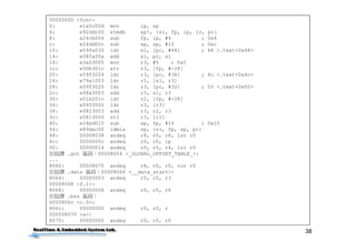 38
00000000 <foo>:
0: e1a0c00d mov ip, sp
4: e92ddc00 stmdb sp!, {sl, fp, ip, lr, pc}
8: e24cb004 sub fp, ip, #4 ; 0x4
c: e24dd00c sub sp, sp, #12 ; 0xc
10: e59fa030 ldr sl, [pc, #48] ; 48 <.text+0x48>
14: e08fa00a add sl, pc, sl
18: e3a03005 mov r3, #5 ; 0x5
1c: e50b301c str r3, [fp, #-28]
20: e59f3024 ldr r3, [pc, #36] ; 4c <.text+0x4c>
24: e79a1003 ldr r1, [sl, r3]
28: e59f3020 ldr r3, [pc, #32] ; 50 <.text+0x50>
2c: e08a3003 add r3, sl, r3
30: e51b201c ldr r2, [fp, #-28]
34: e5933000 ldr r3, [r3]
38: e0823003 add r3, r2, r3
3c: e5813000 str r3, [r1]
40: e24bd010 sub sp, fp, #16 ; 0x10
44: e89dac00 ldmia sp, {sl, fp, sp, pc}
48: 00008038 andeq r8, r0, r8, lsr r0
4c: 0000000c andeq r0, r0, ip
50: 00000014 andeq r0, r0, r4, lsl r0
反組譯 .got 區段：00008054 <_GLOBAL_OFFSET_TABLE_>:
...
8060: 00008070 andeq r8, r0, r0, ror r0
反組譯 .data 區段：00008064 <__data_start>:
8064: 00000003 andeq r0, r0, r3
00008068 <f.1>:
8068: 00000006 andeq r0, r0, r6
反組譯 .bss 區段：
0000806c <c.0>:
806c: 00000000 andeq r0, r0, r
000008070 <a>:
8070: 00000000 andeq r0, r0, r0
 