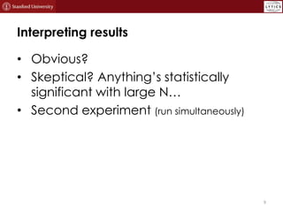 Interpreting results
• Obvious?
• Skeptical? Anything’s statistically
significant with large N…
• Second experiment (run s...