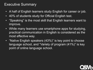 Executive Summary
• A half of English learners study English for career or job.
• 40% of students study for Official English test.
• “Speaking” is the most skill that English learners want to
improve.
• While many learners use smartphone apps for studying,
practical communication in English is considered as the
most effective way.
• “Native English speakers (43%)” is key point to choose
language school, and “Variety of program (41%)” is key
point of online language school.
 