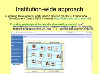 Institution-wide approach eLearning Development and Support Section (eLDSS), Educational Development Centre 2005 ~ current ( http://eldss.edc.polyu.edu.hk/ ) Providing pedagogical, technical and evaluation support;  staff development activities (central / departmental); support in applying funding proposals from VP (AD) (~  ￡   530,000 per year for 3 years) 