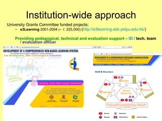 Institution-wide approach University Grants Committee funded projects: e3Learning  2001-2004  (~ ￡ 225,000)  ( http://e3learning.edc.polyu.edu.hk/ ) Providing pedagogical, technical and evaluation support –  ID  /  tech. team  /  evaluation officer 